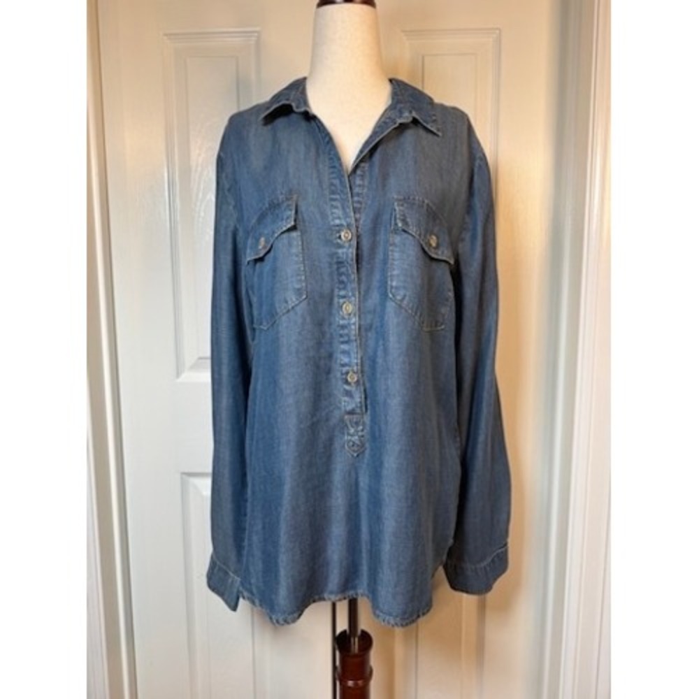 Bella Dahl Womens Blue Tencel Chambray Half Button Shirt B2865-549 Size L